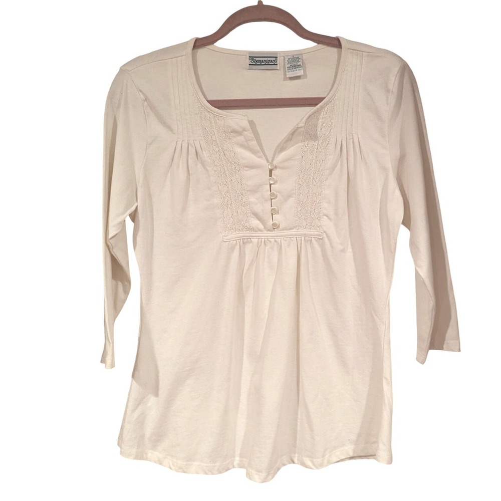 Shenanigans Cream Lace Trim V Neck 3/4 Sleeve Casual Top Womens Vintage‎ Y2K
